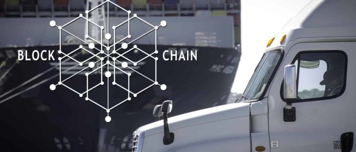 Building and truck parked in front of it - with an illustration of a "block chain"