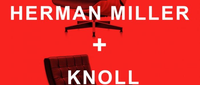 An office chair on top and on bottom, red background. Text reads: "Herman Miller + Knoll"